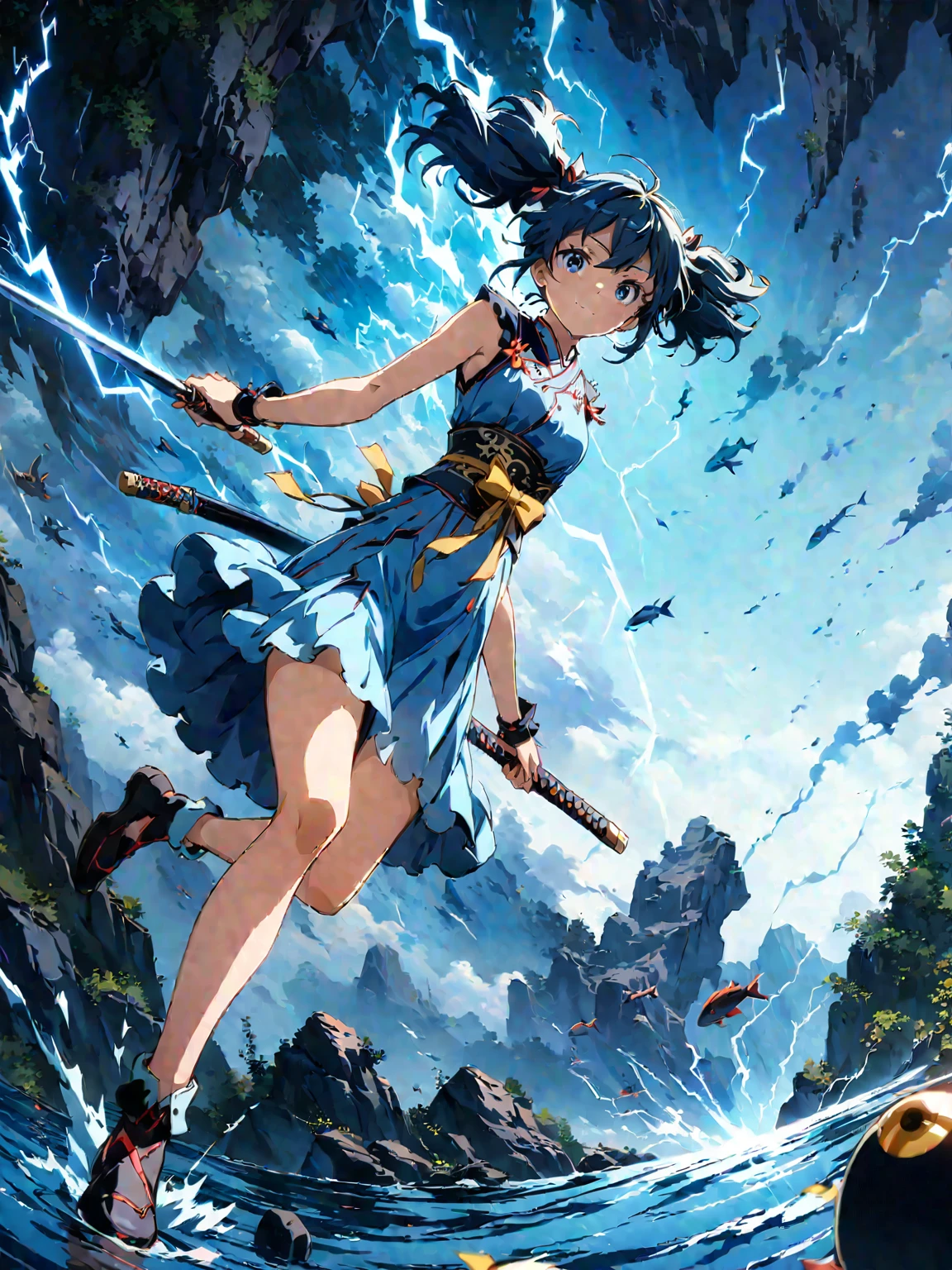 (girl with twin tails:1.3), (2020s Anime screenshot:1.3), (SAMURAI Girl anime character:1.3), (close-up eye shot:1.2), (low angle view:1.2), (lightning slash:1.3), (Chinese sword:1.3), (slashing lightning with motion blur:1.2), (swirling motion around the sword:1.2), (action scene:1.2), (floating:1.2), (fish eye lens:1.2), (Jump | Running | Inversion | Spin:1.2), (anime girl in blue dress flying with sword in the sky:1.3), (Makoto Shinkai Cyril Rolando:1.2), (wallpaper anime blue water:1.2), (4k anime wallpaper:1.3), (sword and wand - water:1.2), (anime style 4k:1.3), (anime wallpaper 4k:1.3), (anime wallpaper 4k:1.3), (anime girl walking on water:1.2), (anime epic artwork:1.2), (anime art wallpaper 4k:1.2), (anime art wallpaper 4k:1.2), (masterpiece:1.3), (best quality:1.3), (extremely detailed CG Unity 8k wallpaper:1.3), (best quality:1.3), (best illustration award:1.2), (best shadow:1.2), (absurd:1.2), (realistic lighting:1.3), (abyss:1.2), (beautiful detailed glow:1.2), (Peter MohrBacher art work:1.1)
