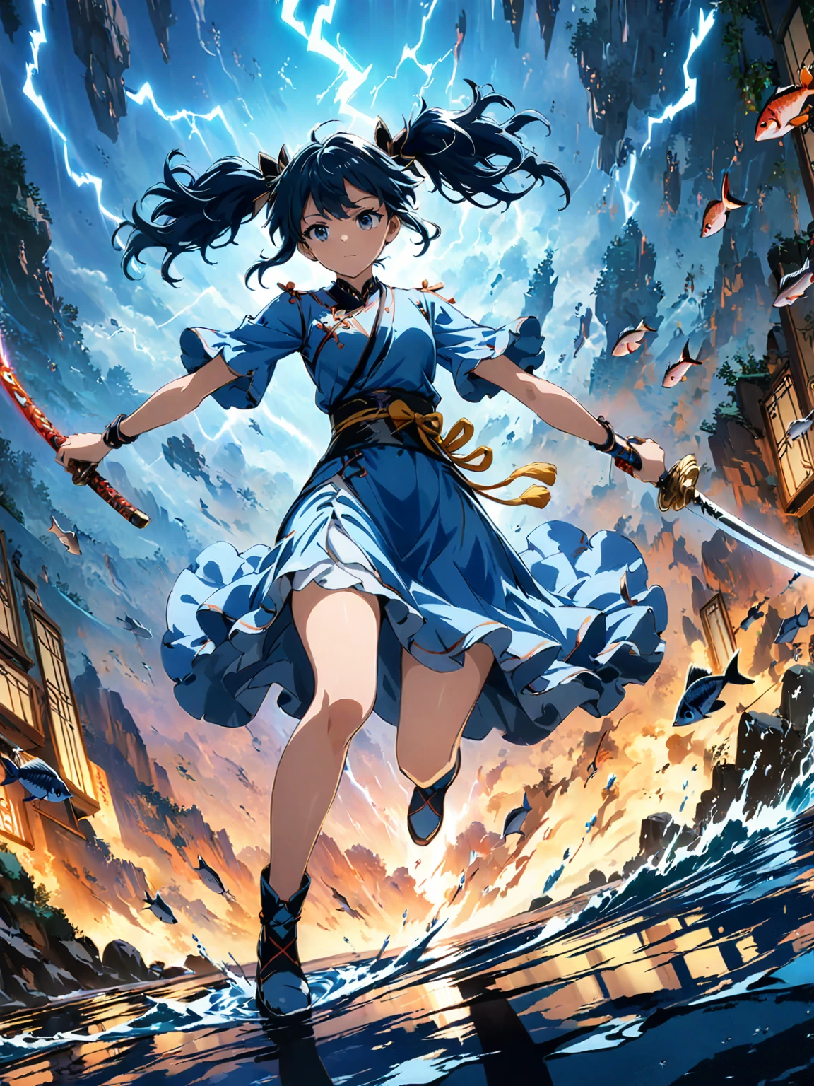 (girl with twin tails:1.3), (2020s Anime screenshot:1.3), (SAMURAI Girl anime character:1.3), (close-up eye shot:1.2), (low angle view:1.2), (lightning slash:1.3), (Chinese sword:1.3), (slashing lightning with motion blur:1.2), (swirling motion around the sword:1.2), (action scene:1.2), (floating:1.2), (fish eye lens:1.2), (Jump | Running | Inversion | Spin:1.2), (anime girl in blue dress flying with sword in the sky:1.3), (Makoto Shinkai Cyril Rolando:1.2), (wallpaper anime blue water:1.2), (4k anime wallpaper:1.3), (sword and wand - water:1.2), (anime style 4k:1.3), (anime wallpaper 4k:1.3), (anime wallpaper 4k:1.3), (anime girl walking on water:1.2), (anime epic artwork:1.2), (anime art wallpaper 4k:1.2), (anime art wallpaper 4k:1.2), (masterpiece:1.3), (best quality:1.3), (extremely detailed CG Unity 8k wallpaper:1.3), (best quality:1.3), (best illustration award:1.2), (best shadow:1.2), (absurd:1.2), (realistic lighting:1.3), (abyss:1.2), (beautiful detailed glow:1.2), (Peter MohrBacher art work:1.1)
