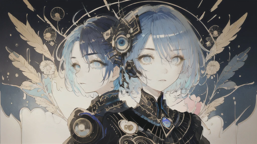 ((Highest quality)), (((masterpiece))), (High resolution), original, Highly detailed 8k wallpaper,Blue Hair、Short bob hairstyle、 (Very delicate and beautiful),((Highest quality)),Limited edition palette, style style style style gird, (style:(style:1.5)(style:1.5)1.5), Limited edition palette,[flat_stylechest, black style eyes, long style red hair, style eyes,Floating black dress), feather over style]style, (Double exposure:1.3),(Glitch Hair+++),(Glitch meets dark blue hair),[Very delicate and beautiful girl who with scarf,feather],(Beautiful and exquisite blue eyes),world masterpiece theater,whole body,cyber punk, 