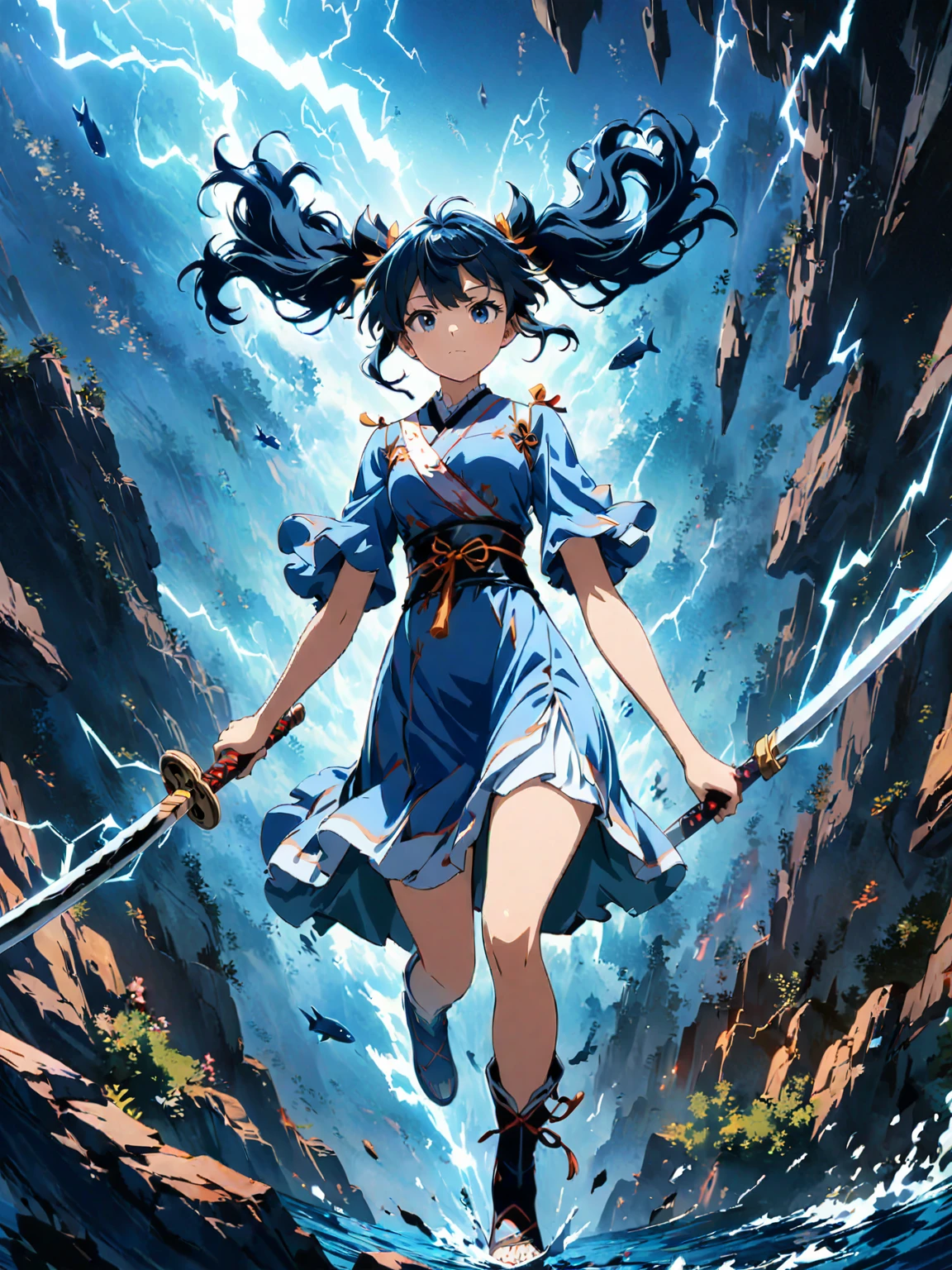 (girl with twin tails:1.3), (2020s Anime screenshot:1.3), (SAMURAI Girl anime character:1.3), (close-up eye shot:1.2), (low angle view:1.2), (lightning slash:1.3), (Chinese sword:1.3), (slashing lightning with motion blur:1.2), (swirling motion around the sword:1.2), (action scene:1.2), (floating:1.2), (fish eye lens:1.2), (Jump | Running | Inversion | Spin:1.2), (anime girl in blue dress flying with sword in the sky:1.3), (Makoto Shinkai Cyril Rolando:1.2), (wallpaper anime blue water:1.2), (4k anime wallpaper:1.3), (sword and wand - water:1.2), (anime style 4k:1.3), (anime wallpaper 4k:1.3), (anime wallpaper 4k:1.3), (anime girl walking on water:1.2), (anime epic artwork:1.2), (anime art wallpaper 4k:1.2), (anime art wallpaper 4k:1.2), (masterpiece:1.3), (best quality:1.3), (extremely detailed CG Unity 8k wallpaper:1.3), (best quality:1.3), (best illustration award:1.2), (best shadow:1.2), (absurd:1.2), (realistic lighting:1.3), (abyss:1.2), (beautiful detailed glow:1.2), (Peter MohrBacher art work:1.1)
