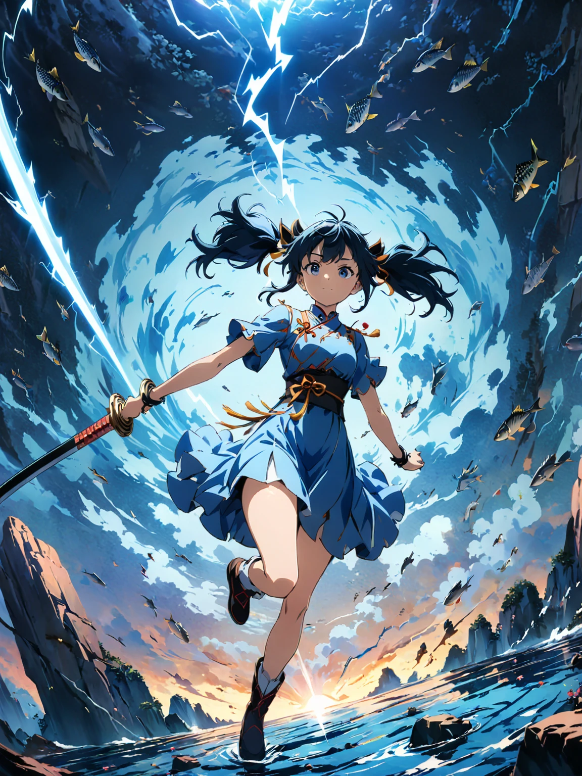 (girl with twin tails:1.3), (2020s Anime screenshot:1.3), (SAMURAI Girl anime character:1.3), (close-up eye shot:1.2), (low angle view:1.2), (lightning slash:1.3), (Chinese sword:1.3), (slashing lightning with motion blur:1.2), (swirling motion around the sword:1.2), (action scene:1.2), (floating:1.2), (fish eye lens:1.2), (Jump | Running | Inversion | Spin:1.2), (anime girl in blue dress flying with sword in the sky:1.3), (Makoto Shinkai Cyril Rolando:1.2), (wallpaper anime blue water:1.2), (4k anime wallpaper:1.3), (sword and wand - water:1.2), (anime style 4k:1.3), (anime wallpaper 4k:1.3), (anime wallpaper 4k:1.3), (anime girl walking on water:1.2), (anime epic artwork:1.2), (anime art wallpaper 4k:1.2), (anime art wallpaper 4k:1.2), (masterpiece:1.3), (best quality:1.3), (extremely detailed CG Unity 8k wallpaper:1.3), (best quality:1.3), (best illustration award:1.2), (best shadow:1.2), (absurd:1.2), (realistic lighting:1.3), (abyss:1.2), (beautiful detailed glow:1.2), (Peter MohrBacher art work:1.1)
