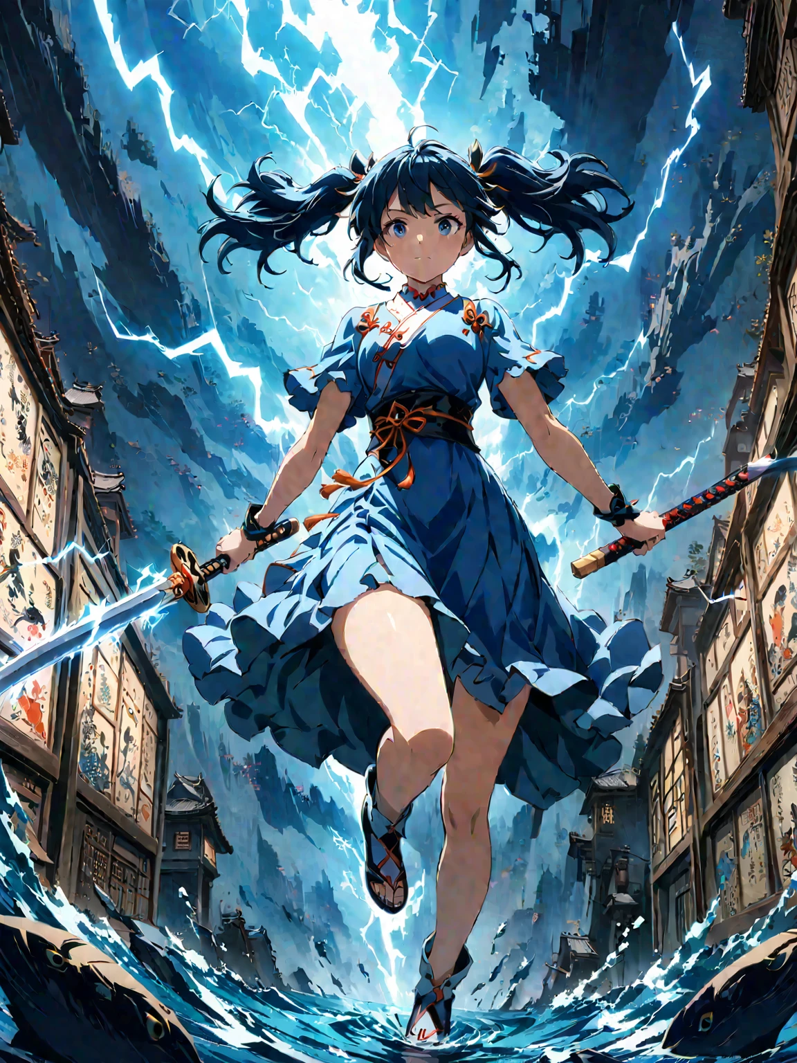 (girl with twin tails:1.3), (2020s Anime screenshot:1.3), (SAMURAI Girl anime character:1.3), (close-up eye shot:1.2), (low angle view:1.2), (lightning slash:1.3), (Chinese sword:1.3), (slashing lightning with motion blur:1.2), (swirling motion around the sword:1.2), (action scene:1.2), (floating:1.2), (fish eye lens:1.2), (Jump | Running | Inversion | Spin:1.2), (anime girl in blue dress flying with sword in the sky:1.3), (Makoto Shinkai Cyril Rolando:1.2), (wallpaper anime blue water:1.2), (4k anime wallpaper:1.3), (sword and wand - water:1.2), (anime style 4k:1.3), (anime wallpaper 4k:1.3), (anime wallpaper 4k:1.3), (anime girl walking on water:1.2), (anime epic artwork:1.2), (anime art wallpaper 4k:1.2), (anime art wallpaper 4k:1.2), (masterpiece:1.3), (best quality:1.3), (extremely detailed CG Unity 8k wallpaper:1.3), (best quality:1.3), (best illustration award:1.2), (best shadow:1.2), (absurd:1.2), (realistic lighting:1.3), (abyss:1.2), (beautiful detailed glow:1.2), (Peter MohrBacher art work:1.1)
