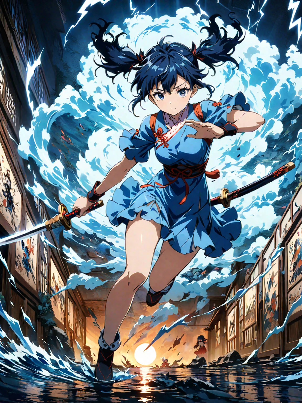 (girl with twin tails:1.3), (2020s Anime screenshot:1.3), (SAMURAI Girl anime character:1.3), (close-up eye shot:1.2), (low angle view:1.2), (lightning slash:1.3), (Chinese sword:1.3), (slashing lightning with motion blur:1.2), (swirling motion around the sword:1.2), (action scene:1.2), (floating:1.2), (fish eye lens:1.2), (Jump | Running | Inversion | Spin:1.2), (anime girl in blue dress flying with sword in the sky:1.3), (Makoto Shinkai Cyril Rolando:1.2), (wallpaper anime blue water:1.2), (4k anime wallpaper:1.3), (sword and wand - water:1.2), (anime style 4k:1.3), (anime wallpaper 4k:1.3), (anime wallpaper 4k:1.3), (anime girl walking on water:1.2), (anime epic artwork:1.2), (anime art wallpaper 4k:1.2), (anime art wallpaper 4k:1.2), (masterpiece:1.3), (best quality:1.3), (extremely detailed CG Unity 8k wallpaper:1.3), (best quality:1.3), (best illustration award:1.2), (best shadow:1.2), (absurd:1.2), (realistic lighting:1.3), (abyss:1.2), (beautiful detailed glow:1.2), (Peter MohrBacher art work:1.1)
