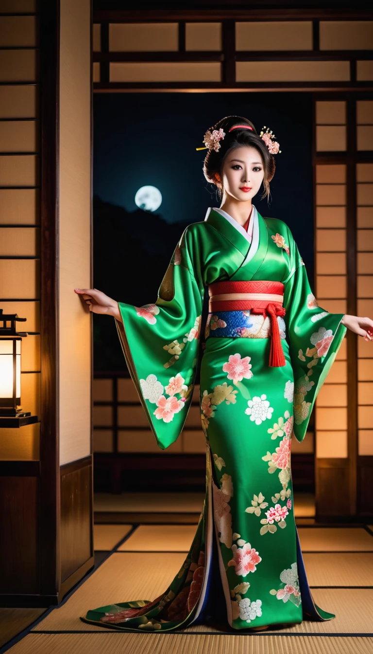 Женщина в японском кимоно, Завораживающе и очень красиво,  Ношение зеленого кимоно с открытыми украшениями.,  Комната в темном японском замке ночью, реалистичный, Потрясающе качественные фотографии, 