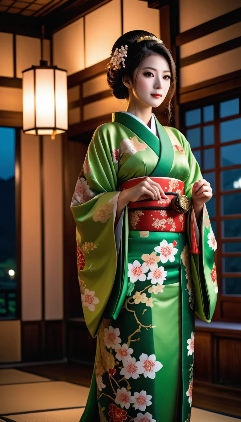 Femme portant un kimono japonais, Enchanteur et très beau,  Porter un kimono vert avec des décorations ouvertes,  Une chambre dans un château japonais sombre la nuit, réaliste, Des photos d&#39;une qualité à couper le souffle, 