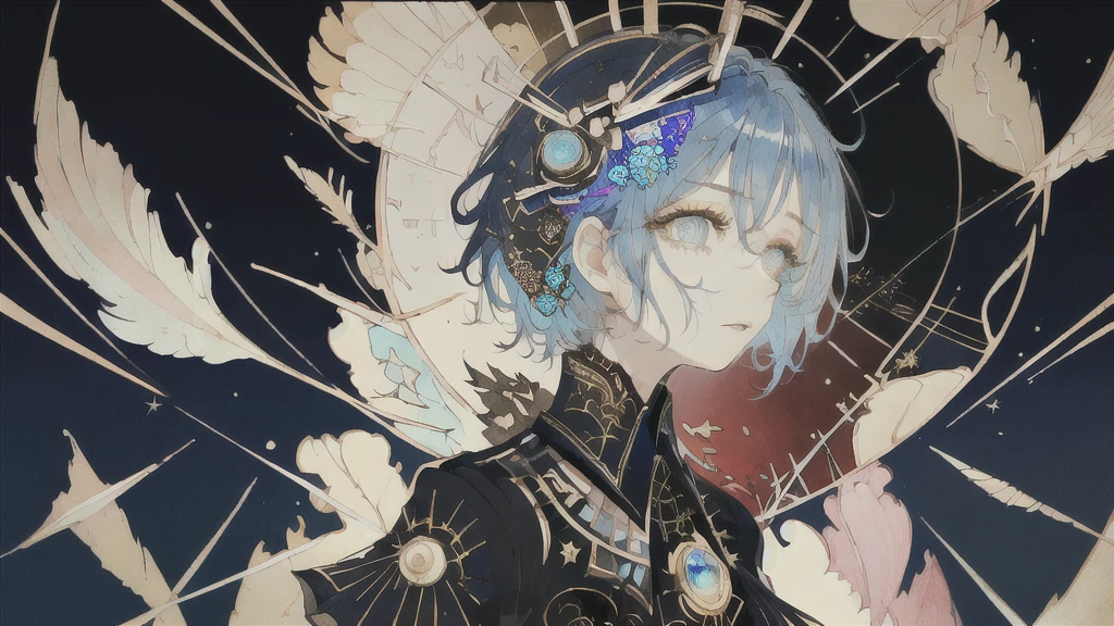 ((Highest quality)), (((masterpiece))), (High resolution), original, Highly detailed 8k wallpaper,Blue Hair、Short bob hairstyle、 (Very delicate and beautiful),((Highest quality)),Limited edition palette, Upper Body、style style style style gird, (style:(style:1.5)(style:1.5)1.5), Limited edition palette,[flat_stylechest, black style eyes, long style red hair, style eyes,Floating black dress), feather over style]style, (Double exposure:1.3),(Glitch Hair+++),(Glitch meets dark blue hair),[Very delicate and beautiful girl who with scarf,feather],(Beautiful and exquisite blue eyes),world masterpiece theater,whole body,cyber punk, moon、star