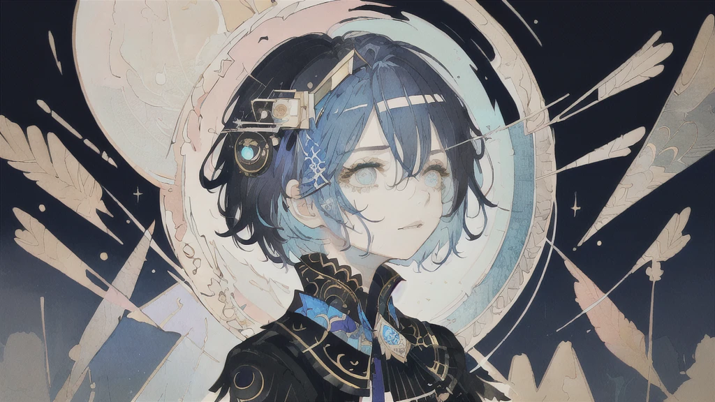 ((Highest quality)), (((masterpiece))), (High resolution), original, Highly detailed 8k wallpaper,Blue Hair、Short bob hairstyle、 (Very delicate and beautiful),((Highest quality)),Limited edition palette, Upper Body、style style style style gird, (style:(style:1.5)(style:1.5)1.5), Limited edition palette,[flat_stylechest, black style eyes, long style red hair, style eyes,Floating black dress), feather over style]style, (Double exposure:1.3),(Glitch Hair+++),(Glitch meets dark blue hair),[Very delicate and beautiful girl who with scarf,feather],(Beautiful and exquisite blue eyes),world masterpiece theater,whole body,cyber punk, moon、star