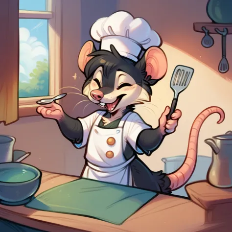 rat chef, semi-anthropomorphic, fork in left hand, spatula in right hand, happy and laughing expression, detailed facial feature...