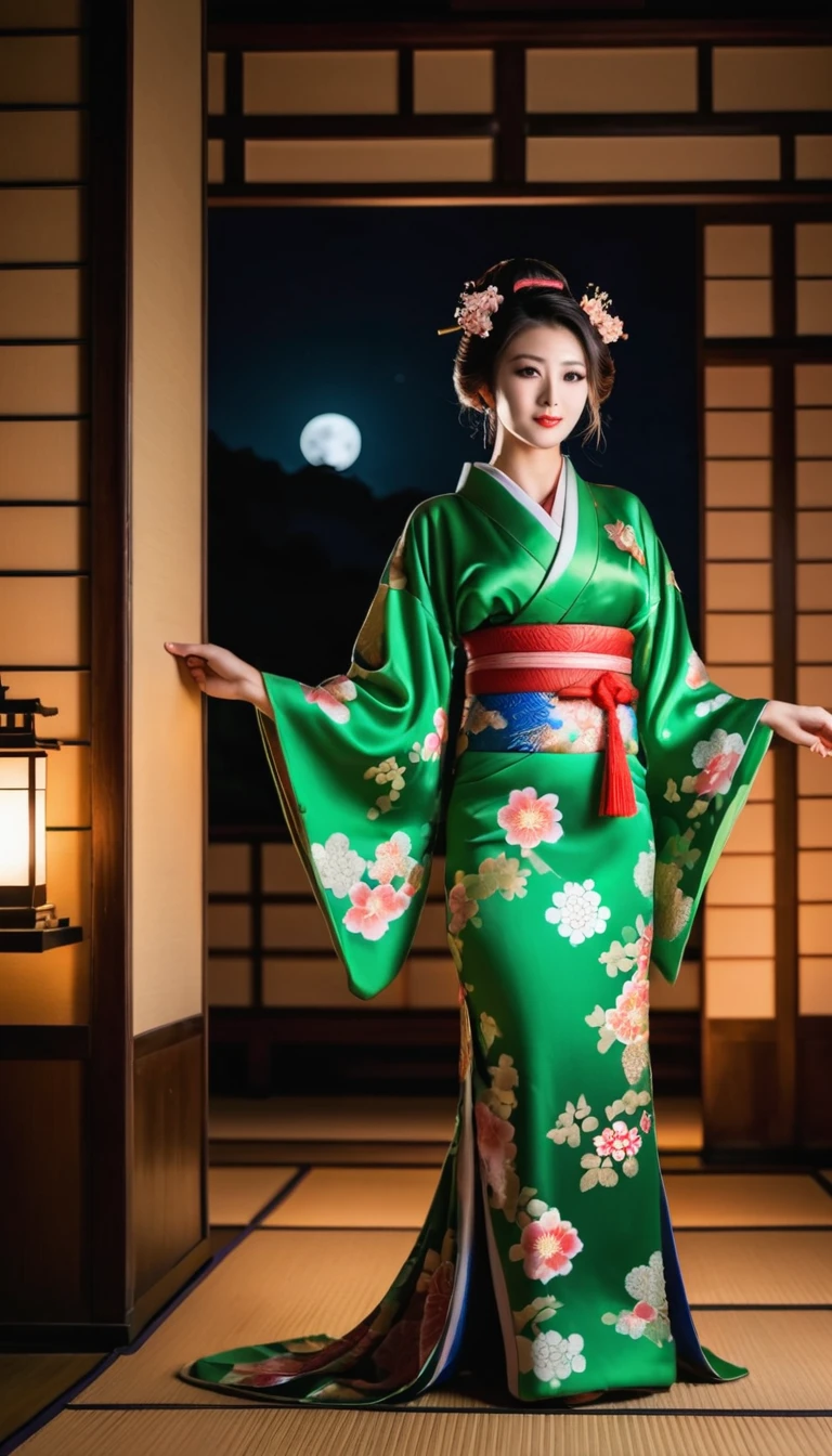 Mujer vistiendo kimono japonés, Encantadora y muy hermosa,  Vistiendo un kimono verde con adornos abiertos.,  Una habitación en un oscuro castillo japonés por la noche., Realista, Fotografías increíblemente de alta calidad, 