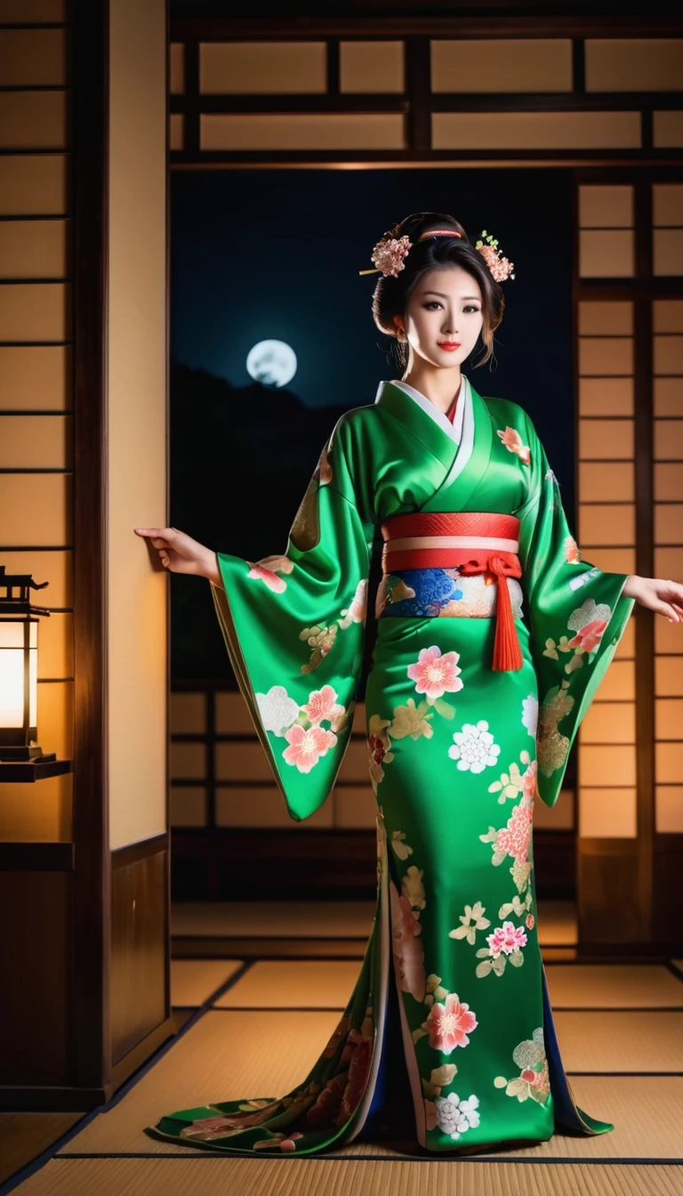 ผู้หญิงสวมชุดกิโมโนญี่ปุ่น, มีเสน่ห์และสวยงามมาก,  สวมชุดกิโมโนสีเขียวที่มีการตกแต่งแบบเปิด,  ห้องหนึ่งในปราสาทญี่ปุ่นอันมืดมิดในเวลากลางคืน, เหมือนจริง, ภาพถ่ายคุณภาพสูงที่น่าทึ่ง, 