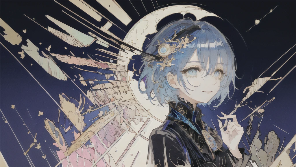 ((Highest quality)), (((masterpiece))), (High resolution), original, Highly detailed 8k wallpaper,Blue Hair、Short bob hairstyle、 (Very delicate and beautiful),((Highest quality)),Limited edition palette, Upper Body、smile、smile、style style style style gird, (style:(style:1.5)(style:1.5)1.5), Limited edition palette,[flat_stylechest, black style eyes, long style red hair, style eyes,Floating black dress), feather over style]style, (Double exposure:1.3),(Glitch Hair+++),(Glitch meets dark blue hair),[Very delicate and beautiful girl who with scarf,feather],(Beautiful and exquisite blue eyes),world masterpiece theater,whole body,cyber punk, moon、star