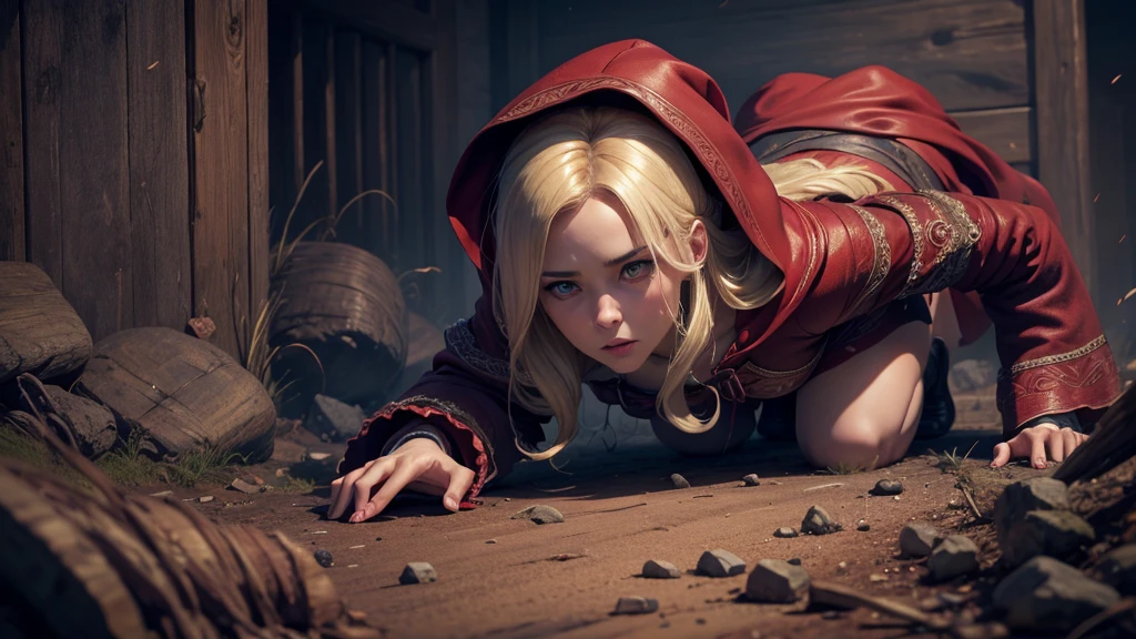 a young blonde woman, 18 years old, beautiful detailed eyes, beautiful detailed lips, extremely detailed face, long eyelashes, blonde hair, slutty red riding hood outfit, in panic, trying to flee, grandma's cottage, tentacle beast, tentacles inside cottage, (best quality,4k,8k,highres,masterpiece:1.2),ultra-detailed,(realistic,photorealistic,photo-realistic:1.37),horror,dark fantasy,dramatic lighting,moody atmosphere,vivid colors,rich texture
