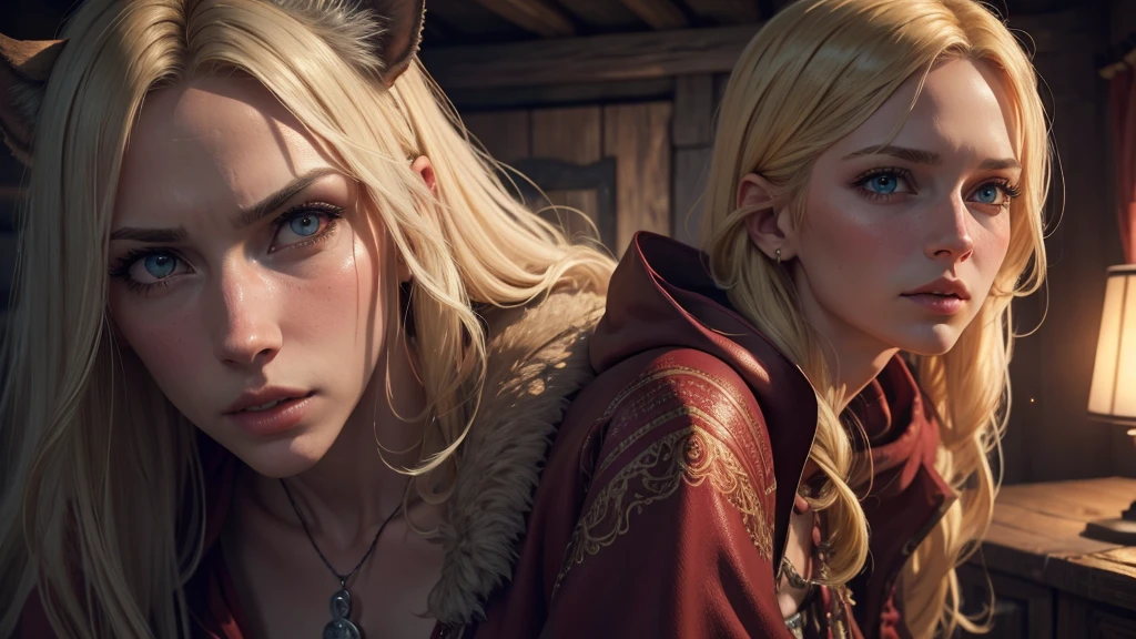 a young blonde woman, 18 years old, beautiful detailed eyes, beautiful detailed lips, extremely detailed face, long eyelashes, blonde hair, slutty red riding hood outfit, in panic, trying to flee, grandma's cottage, tentacle beast, tentacles inside cottage, (best quality,4k,8k,highres,masterpiece:1.2),ultra-detailed,(realistic,photorealistic,photo-realistic:1.37),horror,dark fantasy,dramatic lighting,moody atmosphere,vivid colors,rich texture
