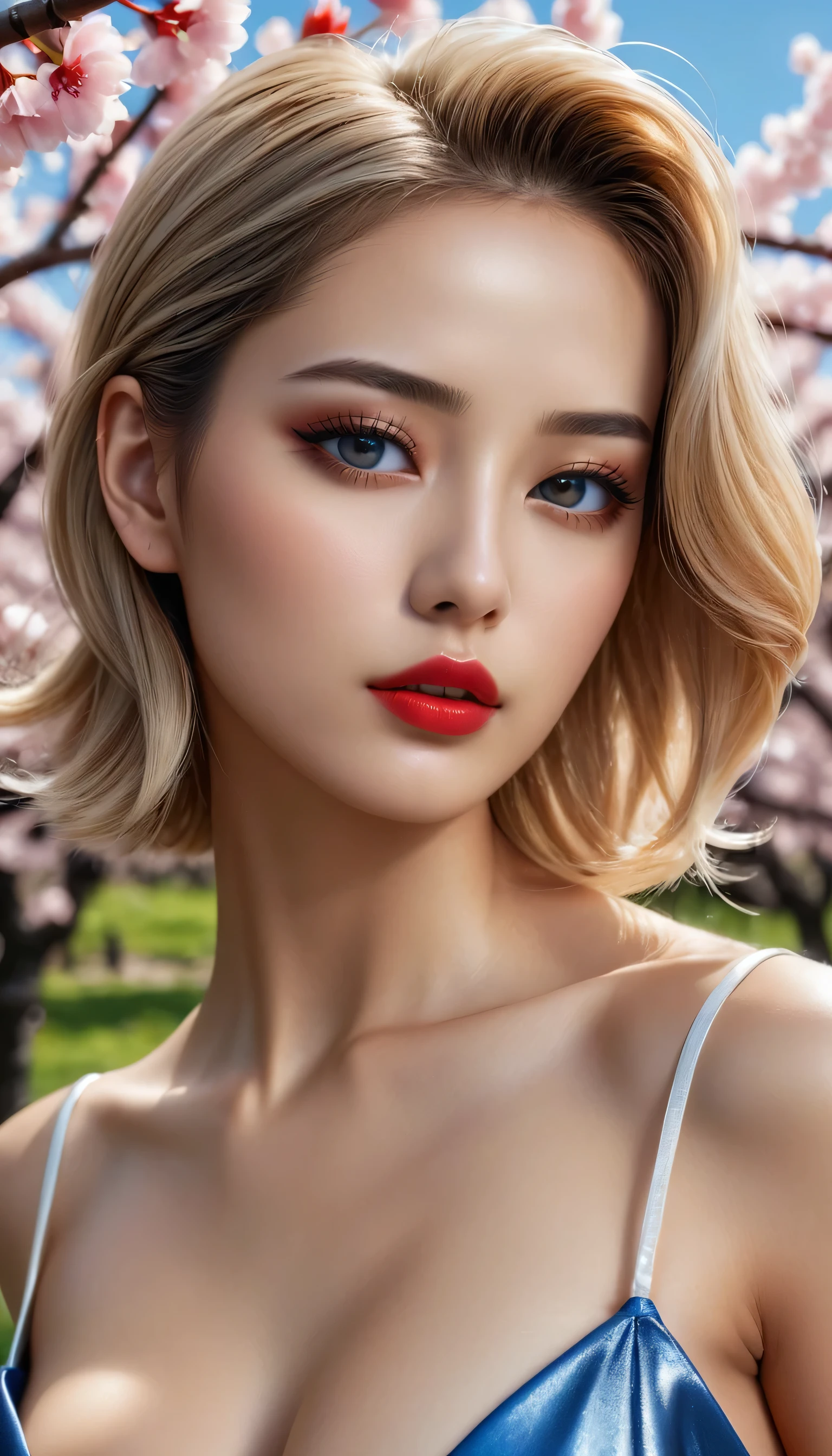 Divide Ratio : 1,1,1 Base Ratio: photorealistic Realism 8K, 16K Quality, fashion supermodel, (Glamour, paparazzi taking pictures of her), (highly detailed 32k absurd art of a ((girl 25-year-old)) ),fashion supermodel,(best high quality real texture skin:1.3),(best quality texture hair:1.4),BREAK,((short blonde hair ((slicked to the side)) extremely detailed:1.3)),((outside,an orchard of blooming cherry trees:1.3)),(best high quality:1.4),(photo realistic:1. 4),(Hyperrealism:1.4),((sharp focus)),(highest resolution),((soft neon lighting on the face and body)),(perfect proportions),(anatomically correct),(perfect female body),(firm normal full breasts:1.3),slim face,beautiful cheekbones,((slim,swell-muscled body:1.24)),(Super beautiful face),(realistic face),(highly detailed face:1.5),absurd(ultra detailed eyes), finely detailed face,finely quality eyes,(tired and sleepy and satisfied:0.0), (a woman's eye with a digital rendering),realistic eyes,perfect round eyes,finely detailed pupils,(brown_eyes:1.3),BREAK,detailed lips:1.3,dark_makeup:1.18, long_blue_eyeliner:1.25, (red_lipstick:1.15),perfect dark_eyeshadows:1.35, (super detailed makeup on eyes:1.3), iridescent eyes, with professional makeup, vibrant eyes:1.2, (Detailed nose:1.2),BREAK,((super extravagant ((cut kimono cute)) wear)),BREAK,makeup:1.22,BREAK,/(random u%u top:1.13),/exquisite balance of shadows,perfect composition,((full body shot:1.3)),(((look at the viewer))), Hasselblad, 50mm f/2.2,