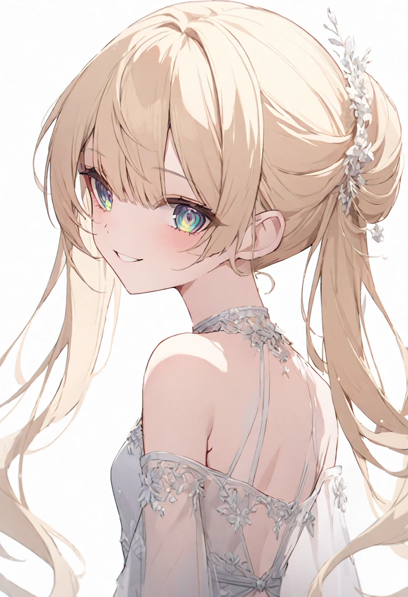 (muste piece), (best quality), very detailed eyes, expressive eyes, perfect face, very detailed face, highly detailed face, beautiful girl, 8K, beautiful girl, white background, delicate and beautiful face and eyes, dark intense shadow, 
1 girl, vtuber style, cool girl, hololive, ShigureUI-PXL, blond hair, see-through:evening dress, small chest, cropped shoulders, clavicle from behind, looking back, smile, (whole body), standing,