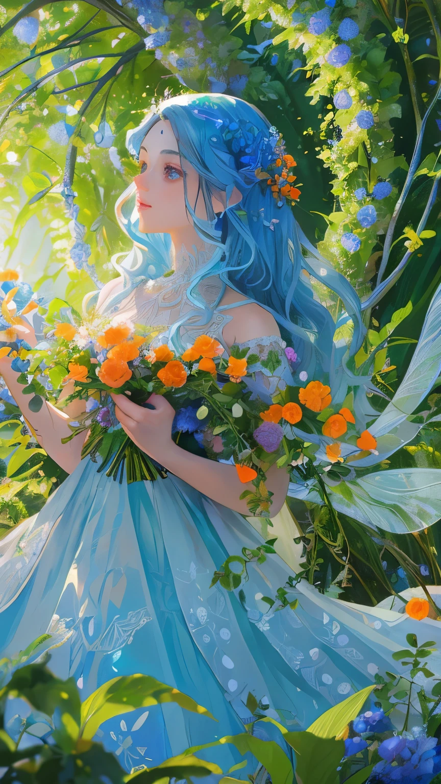 A fantastical fairy in a summer garden, detailed face, beautiful eyes and lips, long eyelashes, flowing hair, ethereal dress, sunlight filtering through trees, glowing colors, lush greenery, vibrant blue and orange flowers, ornate architecture in the background, high quality, ultra-detailed, realistic, masterpiece, concept art