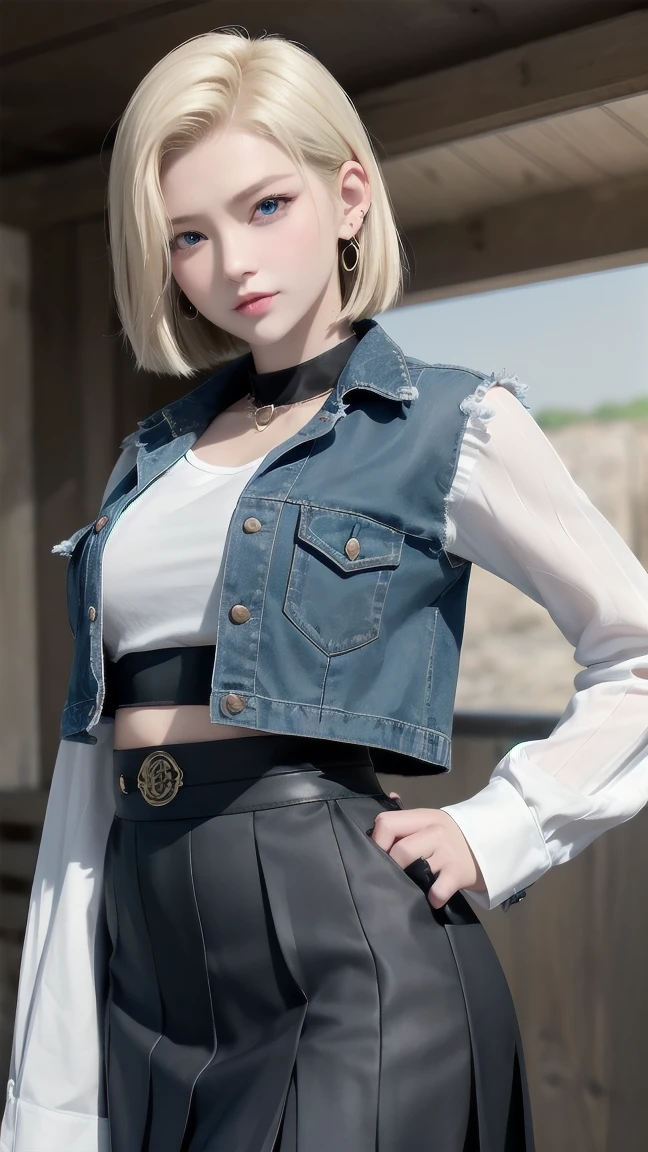 wallpaper，32k,android 18, Blonde hair, blue eyes, eyelash, earrings, short hair, earrings带,Collar，vest， shirt, Chest pocket, (Pantyhose)，clavicle,Fierce eyes， Pleated Skirt, high waist skirt, Jewelry, Long sleeve, pocket, shirt, ((eternal)), ((Happy and shy))， shirt tucked in 裙子, Japanese Attractions Background