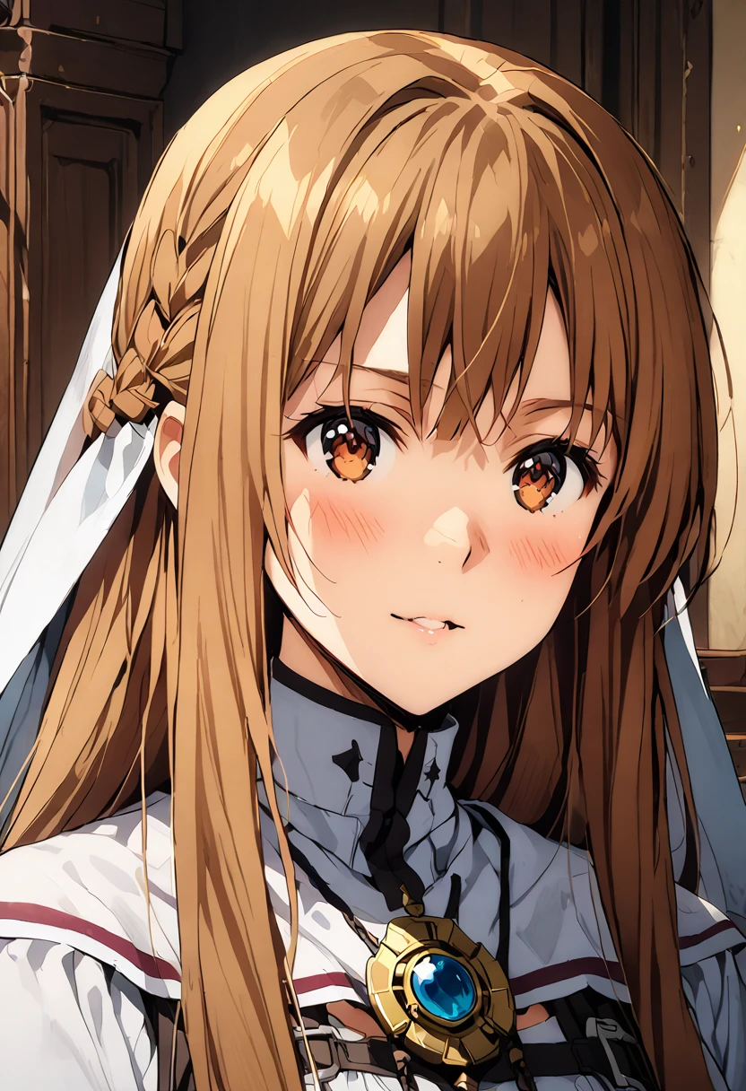 Highest quality、Super detailed、High resolution illustrations、Ultra-high-definition CG、８k size wallpaper、Production Art、Light novel illustrations、asuna yuuki, long hair, bangs, brown hair, brown eyes, very long hair, braid, Nun costume