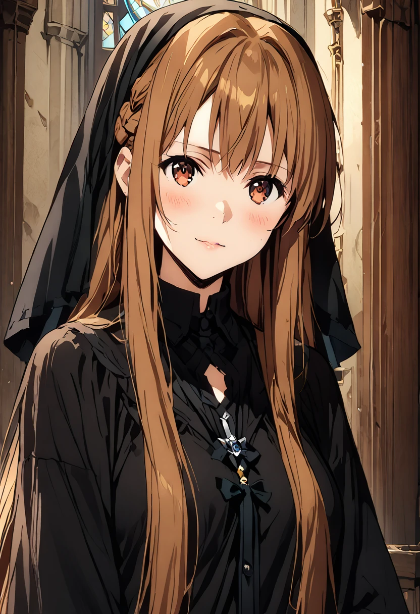 Highest quality、Super detailed、High resolution illustrations、Ultra-high-definition CG、８k size wallpaper、Production Art、Light novel illustrations、asuna yuuki, long hair, bangs, brown hair, brown eyes, very long hair, braid, Nun costume