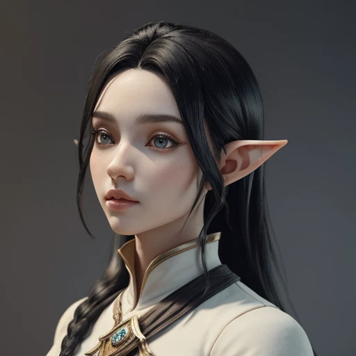 (masterpiece), (best quality),(portrait),(bust up),1girl,solo, animation style render, 3D, (pixer style) ,(clay) ,(sharp focus),(look at viewer),elf, (black hair),(elf ranger) ,adult, (ancient:1), ancient luxurious long clothes,(simple background:1）