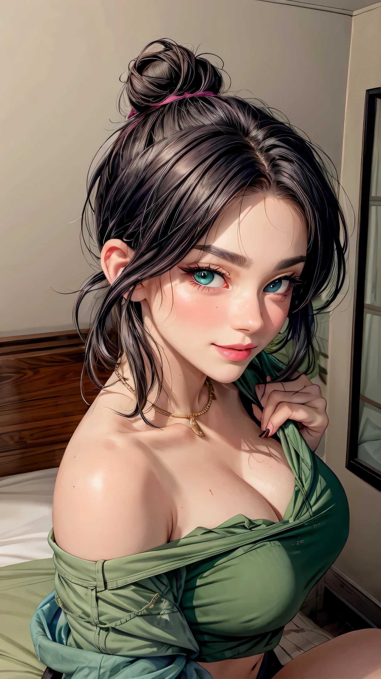 Amazing portrait of a sexy woman with a beautiful face with lustful eyes gazing seductively and parted pink lips smiling as she blushed deeply with her black hair in a bun wearing a green satin shirt that is partially unbuttoned and falling off her shoulders exposing her creamy pale porcelain skin in a very dimly lit bedroom giving off an intimate vibe