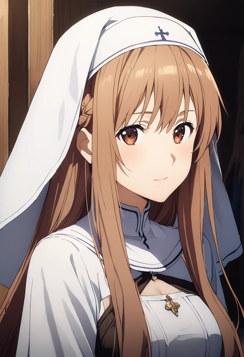 Highest quality、Super detailed、High resolution illustrations、Ultra-high-definition CG、８k size wallpaper、Production Art、Light novel illustrations、asuna yuuki, long hair, bangs, brown hair, brown eyes, very long hair, braid, Nun costume