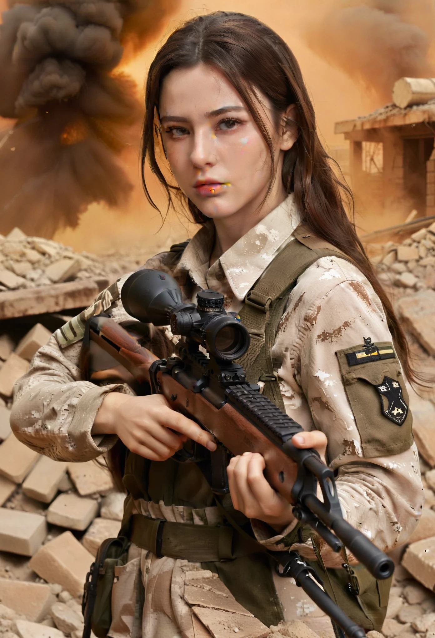 fotorealistisch、realistische Hauttexturen、ein Foto von Dasha Taran, ohwx woman,Eine schöne detaillierte Figur von Dasha Taran, die zum amerikanischen Militär gehört, zielt mit einem Scharfschützengewehr.、Stehen、Auf den Trümmern、brauner Staub Rauch、Action-Posen mit Bewegung、Bild von vorne oben