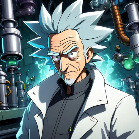 rick sanchez: The mad scientist with gray hair and a white coat, in his laboratory full of strange inventions, with an expressio...