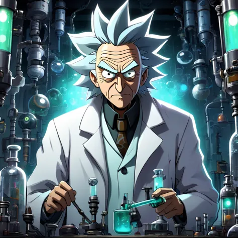 rick sanchez: The mad scientist with gray hair and a white coat, in his laboratory full of strange inventions, with an expressio...