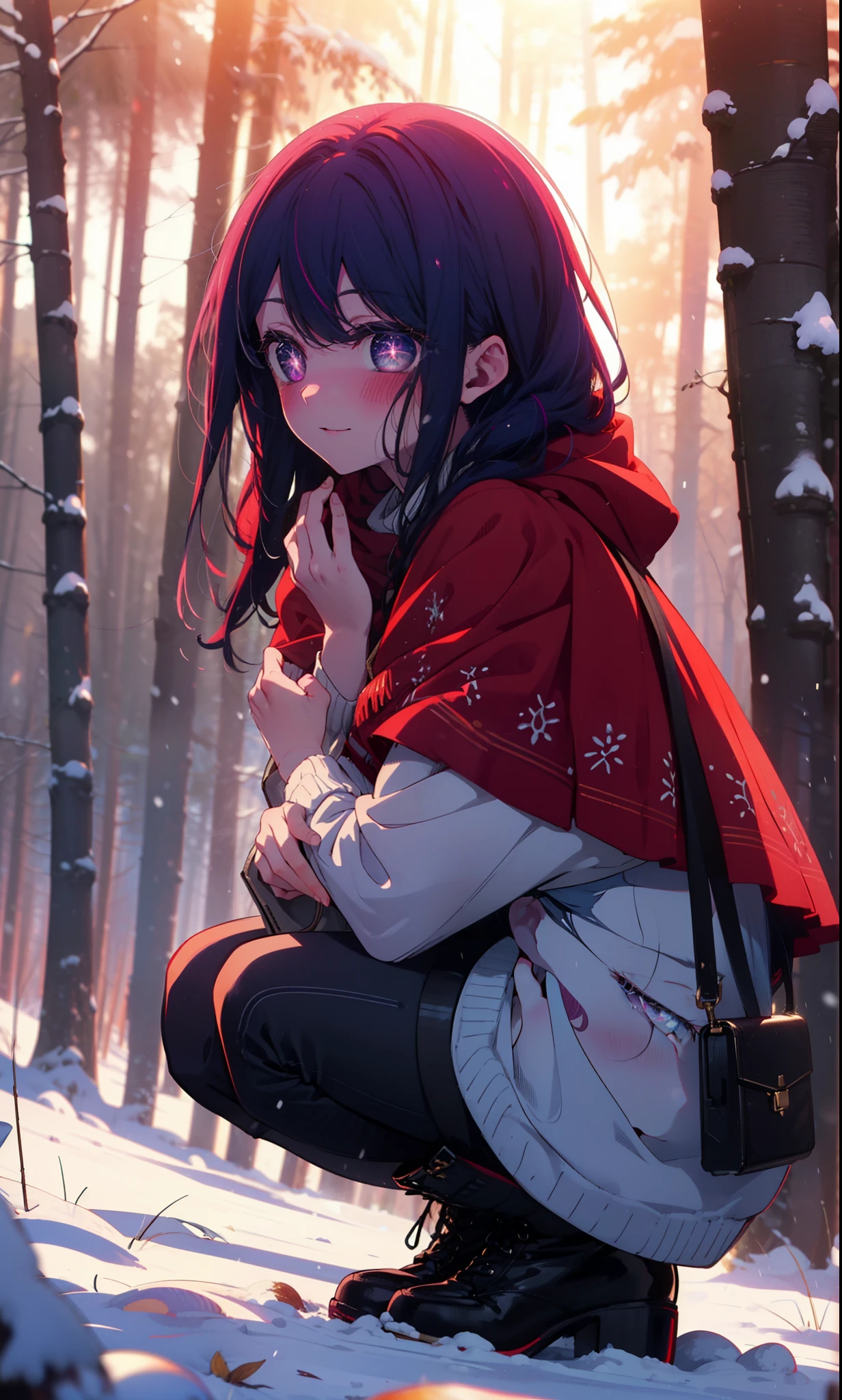 aihoshino, Ai Hoshino, Long Hair, bangs, (Purple eyes:1.1), Purple Hair, (Symbol-shaped pupil:1.5), smile,,smile,blush,White Breath,
Open your mouth,snow,Ground bonfire, Outdoor, boots, snowing, From the side, wood, suitcase, Cape, Blurred, , forest, White handbag, nature,  Squat, Mouth closed, Cape, winter, Written boundary depth, Black shoes, red Cape break looking at viewer, Upper Body, whole body, break Outdoor, forest, nature, break (masterpiece:1.2), Highest quality, High resolution, unity 8k wallpaper, (shape:0.8), (Beautiful and beautiful eyes:1.6), Highly detailed face, Perfect lighting, Extremely detailed CG, (Perfect hands, Perfect Anatomy),