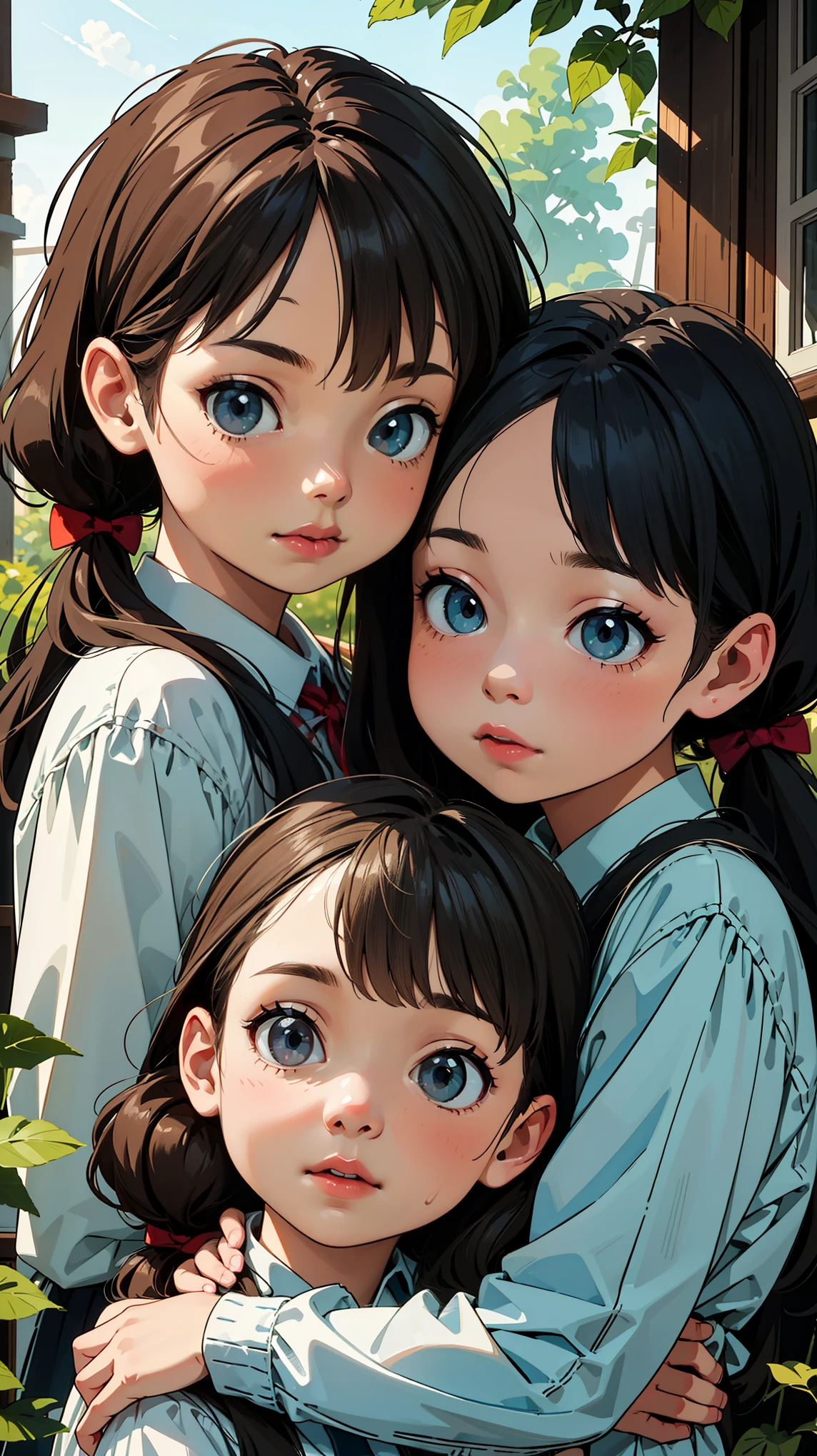 2 girls with twin ponytails, long dark hair, beautiful detailed eyes, beautiful detailed lips, extremely detailed face, 2 red bows, holding a candy palette, photorealistic, 8K, hyperdetailed, masterpiece, fantasy, cute, vibrant colors, warm lighting, soft focus, dreamy atmosphere