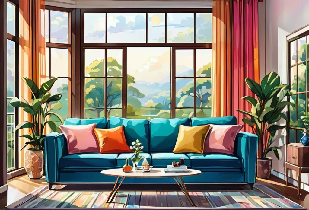 A big sofa, inside a modern living room, landscape orientation, indoor, (masterpiece best quality:1.2) delicate illustration ultra-detailed, detailed background, illustrations, bright, colourful, 