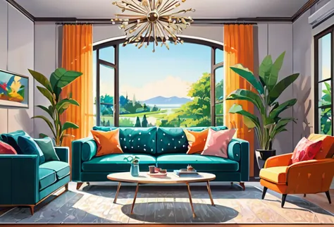 A big sofa, inside a modern living room, landscape orientation, indoor, (masterpiece best quality:1.2) delicate illustration ult...