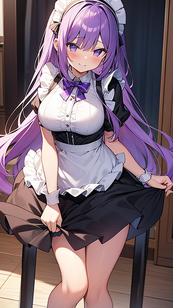 最high quality, high quality, 16K full body image, Ultra-detailed details, pretty girl, alone, beautiful purple hair, Beautiful purple eyes, Big Breasts, A light smile, Summer clothes, Summer Maid clothes, I'm lifting my skirt, Blue and white color striped underwear(Bikini swimsuit under skirt), My crotch is wet with love juice, {{A succubus who steals the face skin and maid uniform from the girl she likes and plays pranks on her、I&#39;m wearing a maid outfit while pretending to be the girl I like.}}, The girl I like is a high school girl, Full body image, NSFW