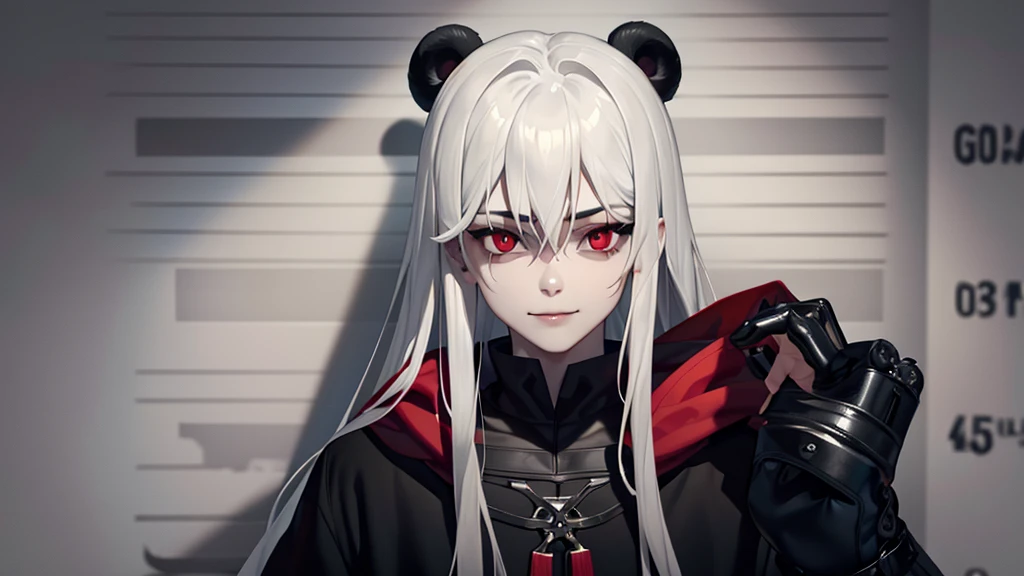 sinister, Boy, thin, pale, panda eyes, looking at the camera, ultra realistic, fully detailed, cemetery environment, red eyes, black hoodie and stained with blood, bones exposed, putrid wounds, sensual, terrifying, bruised by the body, slight smile, super detailed, long hair, silver hair,smile 