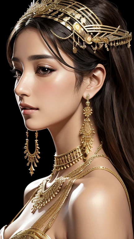 A regally dressed, a digitally photorealistic of a female beautiful egypt figure with a serene expression, suggesting composure and tranquility. Her head is adorned with an intricate headdress featuring mechanical elements and floral motifs, blending the organic with the technological, indicative of a science fiction or fantastical theme. The artwork showcases a high level of detail in shading and texture, contributing to a realistic portrayal of metallic ,medium long shot