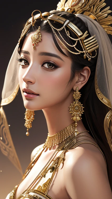 A regally dressed, a digitally photorealistic of a female beautiful egypt figure with a serene expression, suggesting composure and tranquility. Her head is adorned with an intricate headdress featuring mechanical elements and floral motifs, blending the organic with the technological, indicative of a science fiction or fantastical theme. The artwork showcases a high level of detail in shading and texture, contributing to a realistic portrayal of metallic ,medium long shot