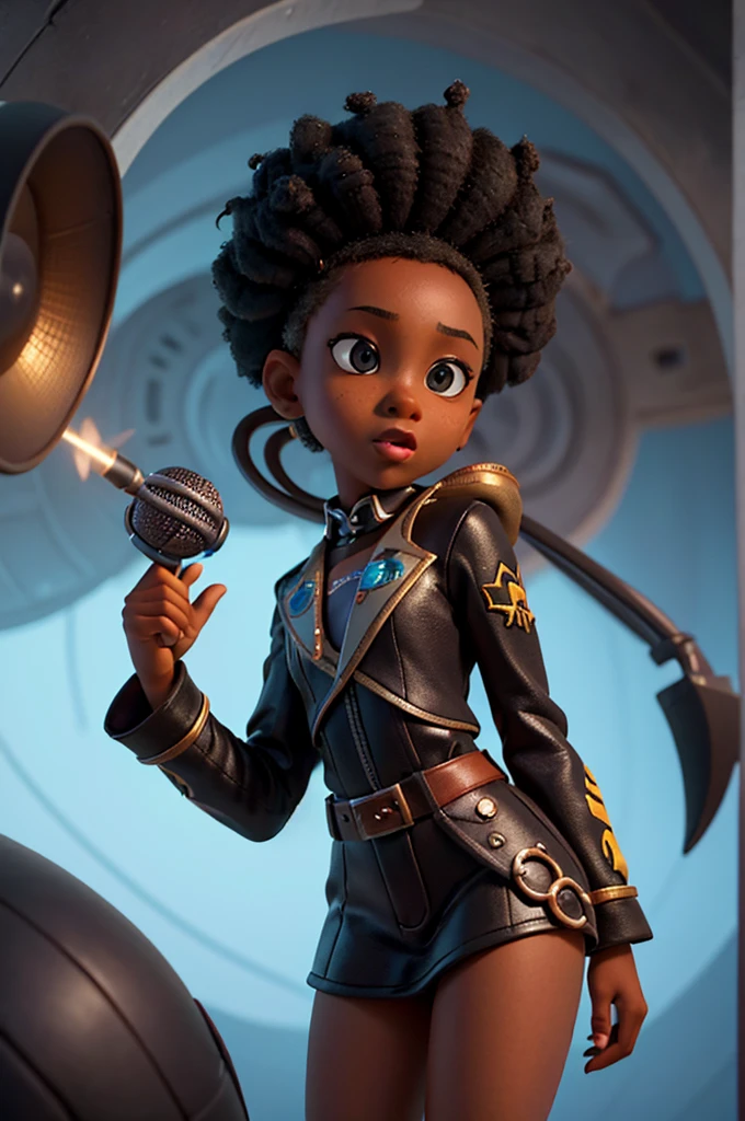  12 year old black girl, work of art, best qualityer, (Extremely detailed CG 8k unity wallpaper), (best qualityer), (Best illustration), (best shade), absurderes, realistic lighting, (abyss), beautiful detailed glowing, arte de PeterMohrBacher. holding a microphone