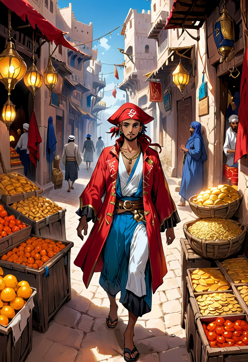 Invite : Un pirate solitaire se promenant dans un marché marocain animé, dans une ambiance aventureuse et curieuse, dans de riches rouges, or et bleus.