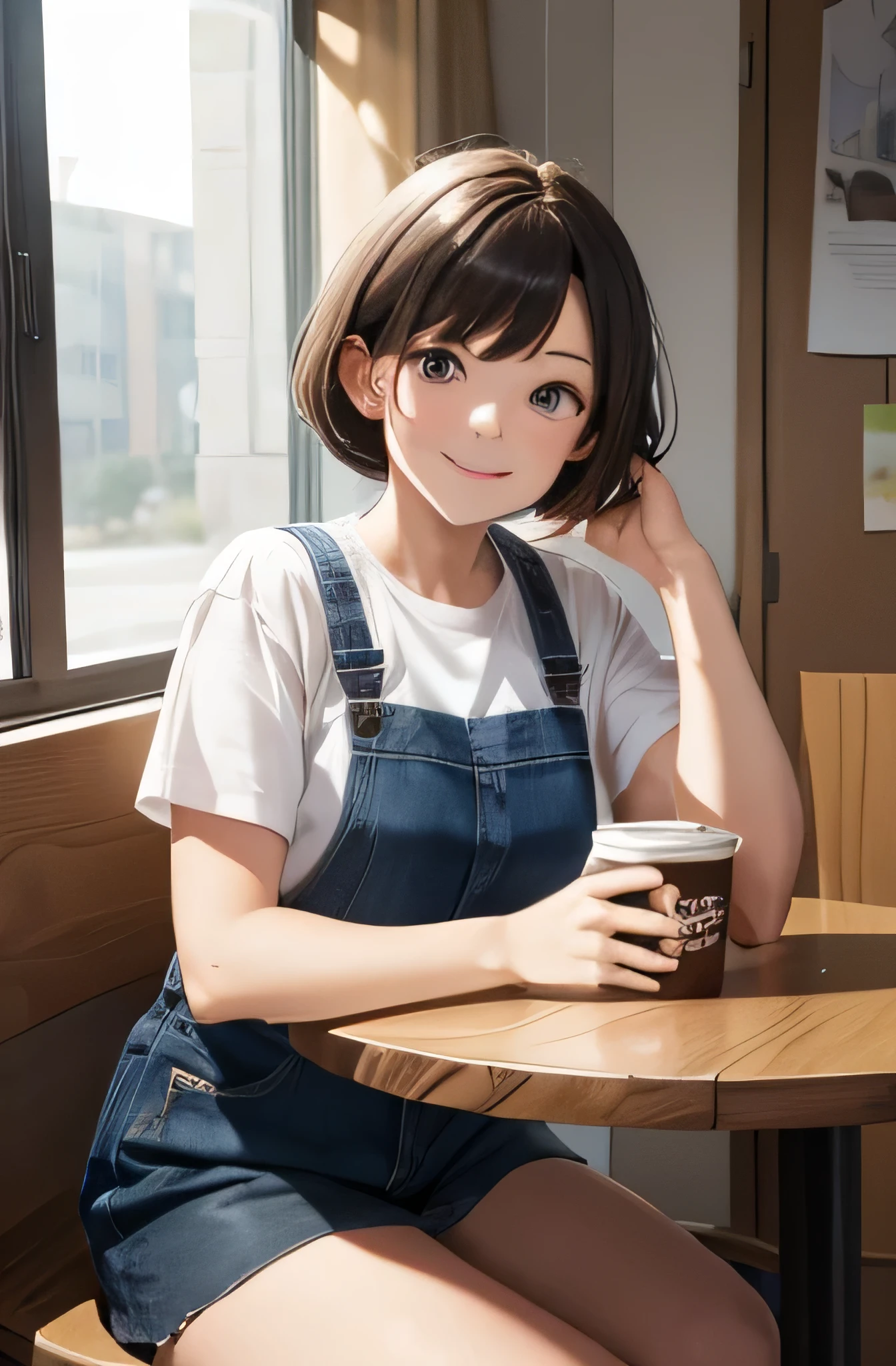 OL's older sister,summer,short hair,smile,Short sleeve,Round table,Sit down,Drink coffee,8K, Highest quality, masterpiece