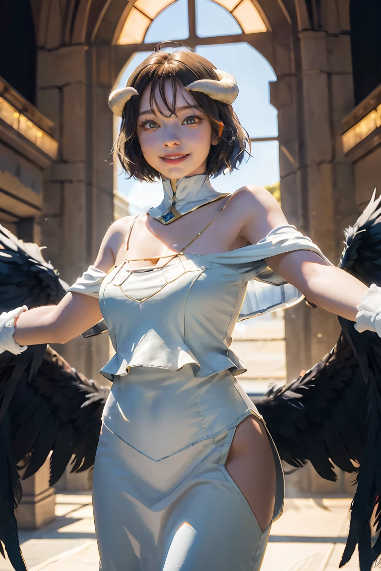 masterpiece, best quality, highres, al1, demon horns, slit pupils, white gloves, white dress, bare shoulders, detached collar, cleavage, black wings, feathered wings, low wings, cowboy shot, standing, dungeon, evil smile, reaching out, spread arms, outstretched arms,