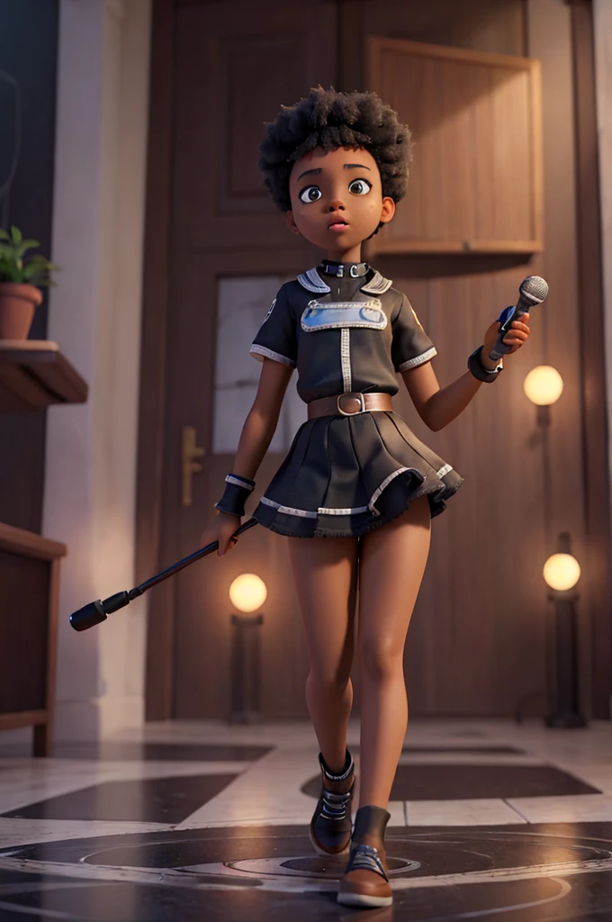  13 year old black girl, work of art, best qualityer, (Extremely detailed CG 8k unity wallpaper), (best qualityer), (Best illustration), (best shade), absurderes, realistic lighting, (abyss), beautiful detailed glowing, holding a microphone