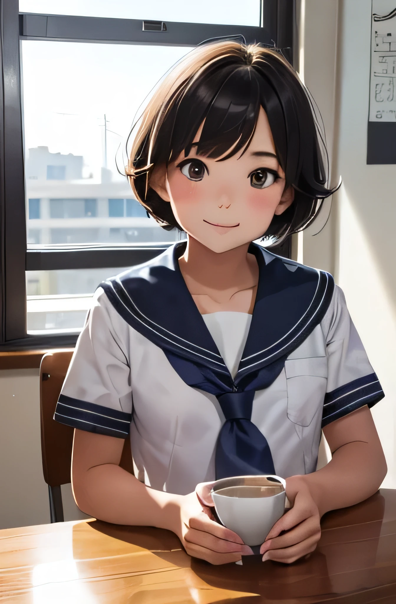 Junior high school student in sailor suit,summer,short hair,smile,Short sleeve,Round table,Sit down,Drink coffee,8K, Highest quality, masterpiece