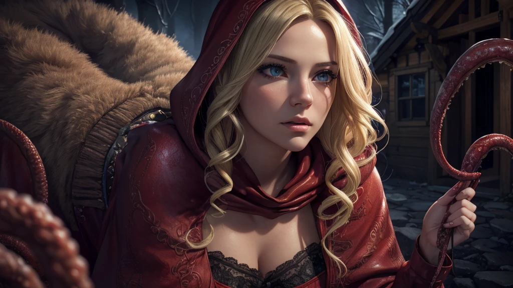 a young blonde woman, 18 years old, beautiful detailed eyes, beautiful detailed lips, extremely detailed face, long eyelashes, blonde hair, slutty red riding hood outfit, in panic, trying to flee, grandma's cottage, tentacle beast, tentacles inside cottage, (best quality,4k,8k,highres,masterpiece:1.2),ultra-detailed,(realistic,photorealistic,photo-realistic:1.37),horror,dark fantasy,dramatic lighting,moody atmosphere,vivid colors,rich texture
