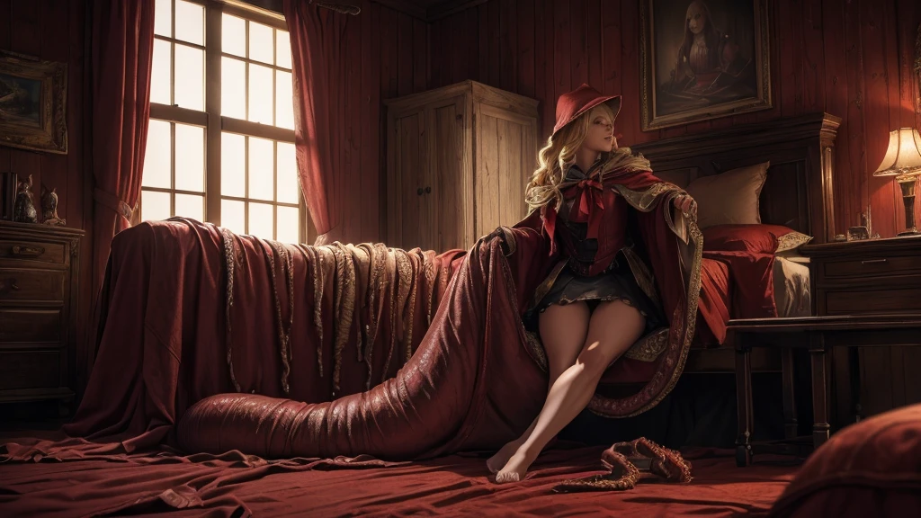 a young blonde woman, 18 years old, beautiful detailed eyes, beautiful detailed lips, extremely detailed face, long eyelashes, blonde hair, slutty red riding hood outfit, in panic, trying to flee, grandma's cottage, tentacle beast, tentacles inside cottage, (best quality,4k,8k,highres,masterpiece:1.2),ultra-detailed,(realistic,photorealistic,photo-realistic:1.37),horror,dark fantasy,dramatic lighting,moody atmosphere,vivid colors,rich texture
