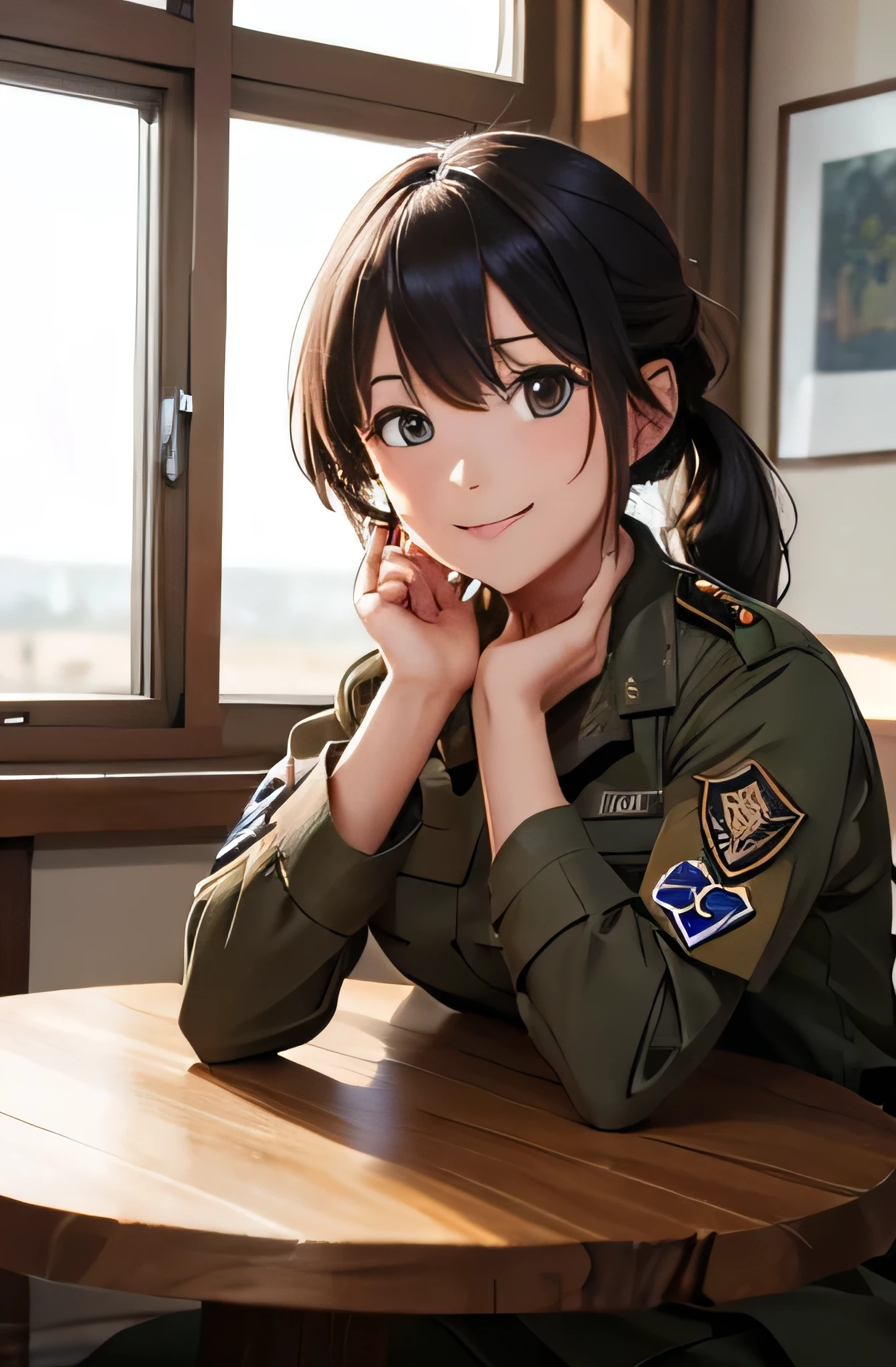 Girl in combat uniform,summer,,smile,Round table,Sit down,Drink coffee,8K, Highest quality, masterpiece