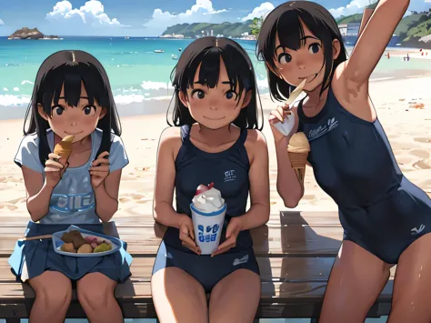 Three Girls、12 years old、Ocean、Sandy Beach、Summer sun、School Swimsuit、thin、Detailed face、Detailed Hair、Transparent muscle、If you...