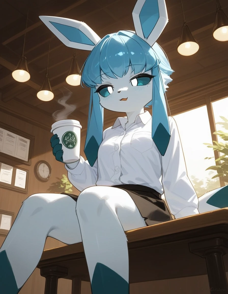 Solo, score_9,score_8_up,score_7_up, source_furry, an Anthro furry Glaceon female, blue sclera, white eyes, wearing white button up shirt, short black skirt, looking bored, bored eyes, soft smile, coy smile, simple grey artistic background, in an empty grey cafe, sitting, holding a paper cup of coffee, mouth open, low angle, feet paws, paw focus, foot fetish