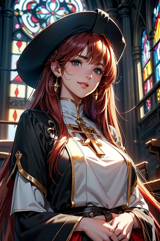 #Basics A girl is posing for a photo, animeのかわいい女の子, (((One Girl, Baby Face, Young girl, 16 years old))), 
BREAK 

#Clothing Accessories 
((Shiny(Black on white)clergy, clergy hat)), 
Gold Hoop Earrings, gold cross necklace,   
BREAK 

#Features 
(Red hair:1.4), (Shoulder-length horizontal hair), (Long Hair, Full and voluminous hair),  
(Droopy eyes, blue eyes), (Small breasts),  
BREAK 

#background environment 
((noon, Sunshine, church, Statue of Mary, Stained glass)), 
#Facial Expression Pose
((smile), (Relaxed standing pose)), 
#composition 
((Face the camera, Angle from below, Cowboy Shot)), 
BREAK 

#Body parts elements 
(Detailed hair, Beautiful Hair, Shiny髪 
(double eyelid, Long eyelashes), 
(Expression of fine eyes, Beautiful and delicate eyes, Sparkling eyes, Eye Reflexes, Glitter Eyeliner), 
(Human Ear), 
(Beautiful Nose, Thin Nose), 
(Glossy lips, Beautiful Lips, Thick lips, Shiny唇, Natural Cheeks), 
(Detailed face, Symmetrical facial features), 
(Detailed skin, Textured skin, Beautiful Skin, Shiny肌 
BREAK 

#Quality 
(((Highest quality)), ((masterpiece)), ((Very detailed))), ((High resolution), (16K,1080P)), 
(Realistic), (Anatomically correct), 
((comics, anime)), (3DCG), CG illustration,
