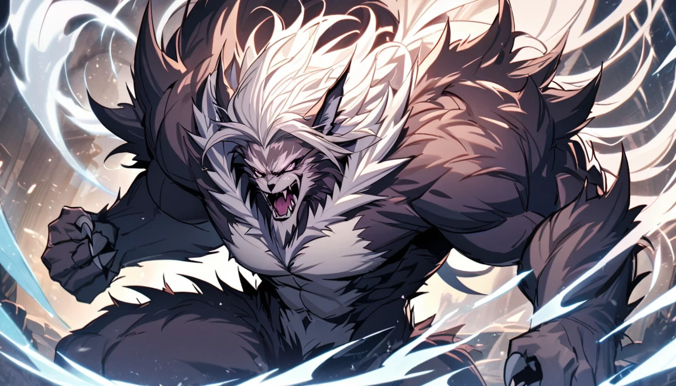 Handsome, a werewolf demon with sharp claws, single, 1 male, long, white hair, purple eyes, enormous power swirling like ice mixed with wind. A formidable, ferocious, muscular and powerful beast. half wolf human